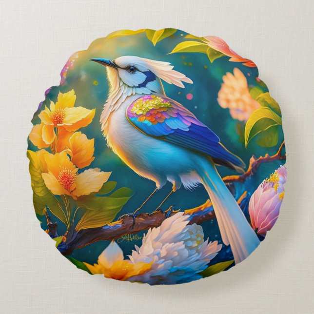 Rainbow Winged Jay Fantasy Bird Rund Kudde (Framsidan)