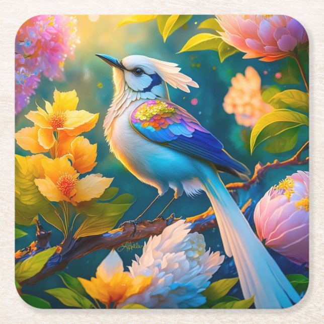 Rainbow Winged Jay Fantasy Bird Underlägg Papper Kvadrat (Framsidan)