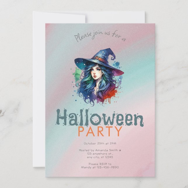 Rainbow Witch Hair Background Halloween fest Inbjudningar (Framsida)