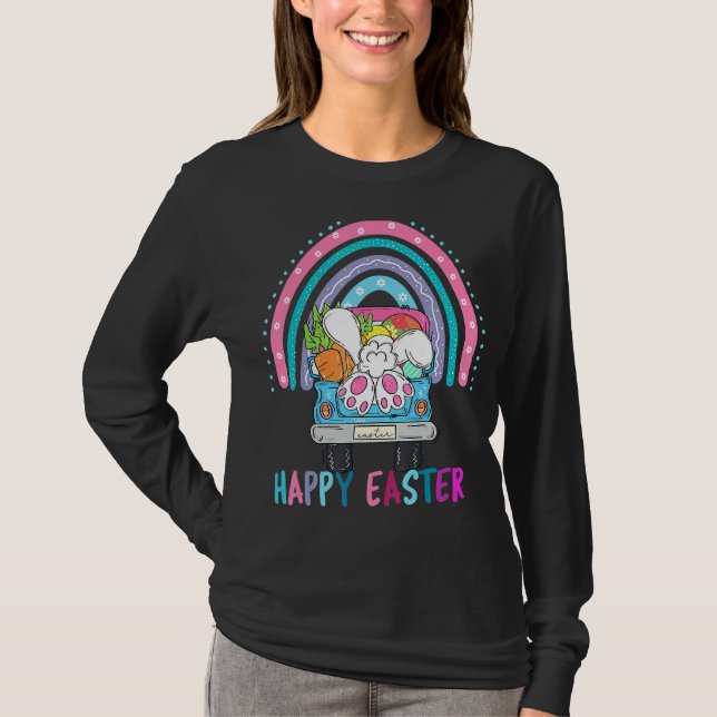 Rainbow with Bunny Eggs Hunting Lastbil Påsk Clas T Shirt (Framsida)