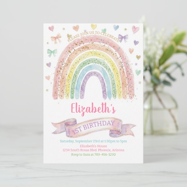 Rainbows and Hearts First Birthday Invite Pastel Inbjudningar (Stående Fram)