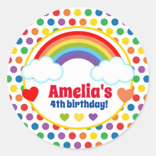 Rainbows Hearts and Dots Girls Birthday Runt Klistermärke