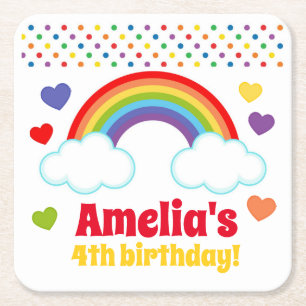 Rainbows Hearts and Dots Girls Birthday Underlägg Papper Kvadrat