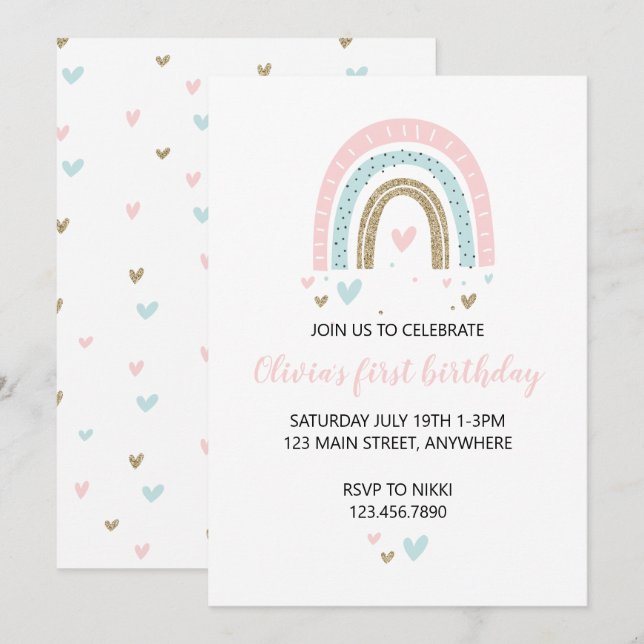 Rainbows och Hearts första födelsedag Inbjudan Pas (Fram/baksida)