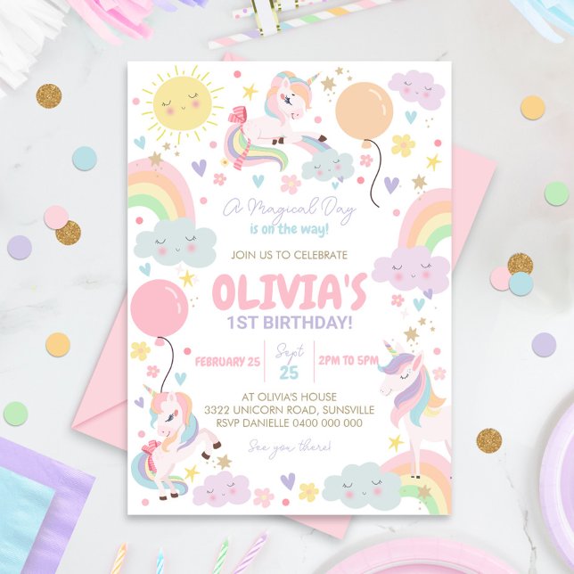Rainbows och Unicorns Birthday Call Unicorn Inbjudningar (Rainbows and Unicorns Party Invitation)