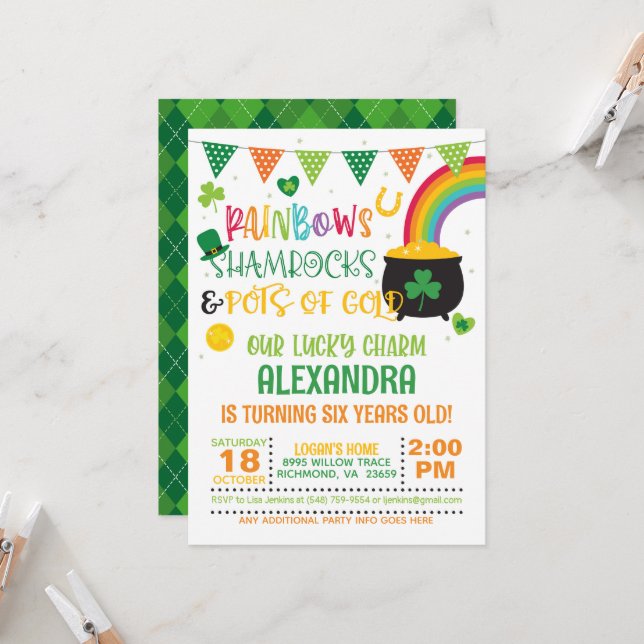 Rainbows, Shamrocks och Pots of Guld Birthday Inbjudningar (Fram/Back In Situ)