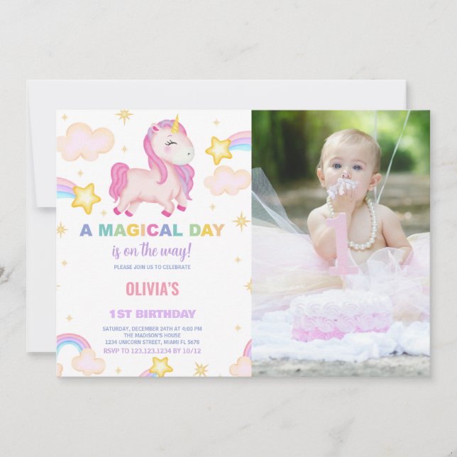 Rainbows Unicorn Birthday-inbjudningar med foto Inbjudningar (Framsida)