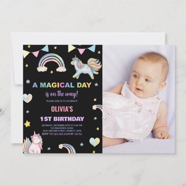 Rainbows Unicorn Birthday-inbjudningar med foto Inbjudningar (Framsida)