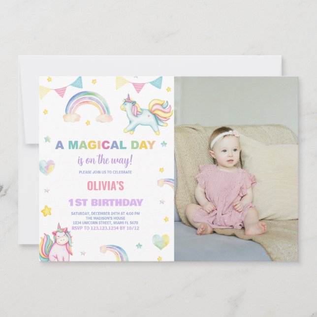 Rainbows Unicorn Birthday-inbjudningar med foto Inbjudningar (Framsida)