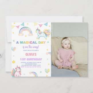 Rainbows Unicorn Birthday-inbjudningar med foto Inbjudningar