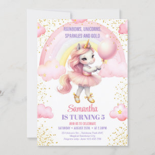 Rainbows Unicorns Sparkles och Guld fyller år Inbjudningar