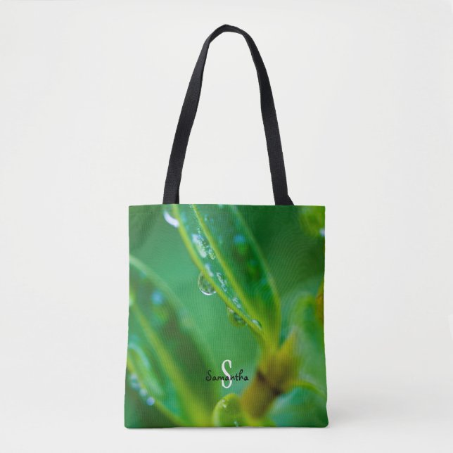 Raindrops on Green Leaves Tote bag Tygkasse (Framsida)