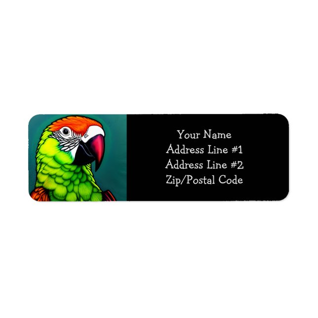 Rainforest Beauty: Exotic Vild Parrot Returadress Etikett (Framsidan)