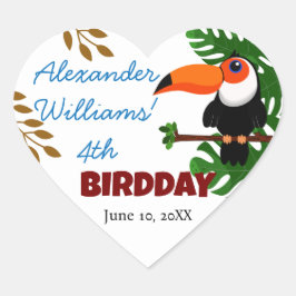 Rainforest Cute Toucan Bird Barn Födelsedagsfest Hjärtformat Klistermärke
