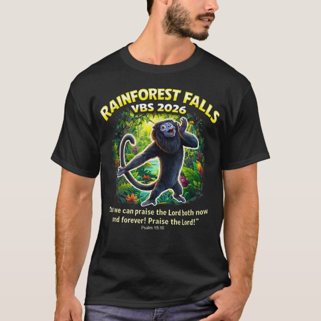 Rainforest Falls Vbs 2026 Monkey Vacation Bible på T Shirt (Framsida)