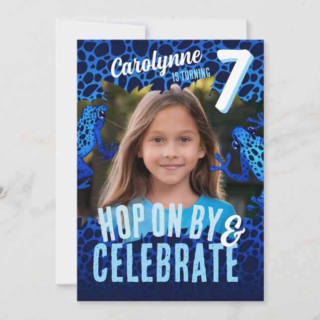 Rainforest Frog 7:e Birthday Photo Inbjudan - Blue (Framsida)