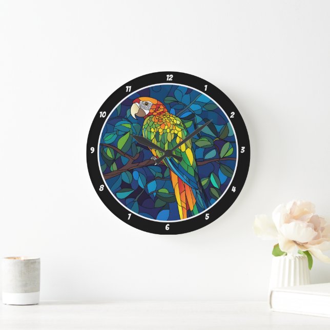 Rainforest Radiance" - Stached Glass Parrot Wall Stor Klocka (Hem)