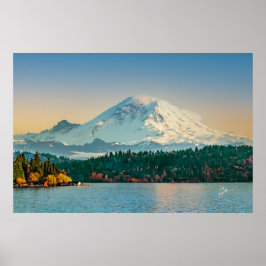 Rainier över Sjö Washington Sunset Fine Art Poster