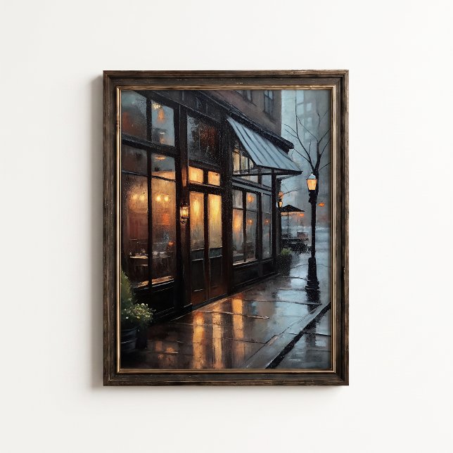 Rainy Bistro Street Cafe Wall Poster (Rainy Bistro Street Wall Art Poster - close-up view (frame/decor not included))