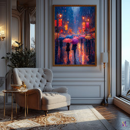 Rainy City Night med Umbrellas i Impressionism Poster