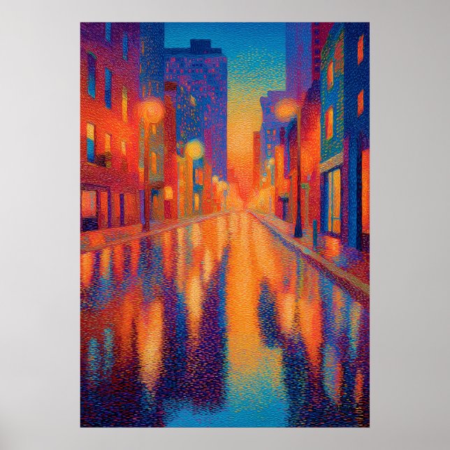 Rainy City Street Pointillism Lights Poster (Framsidan)