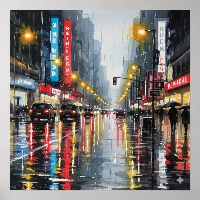 Rainy City Street Watercolor Poster (Framsidan)