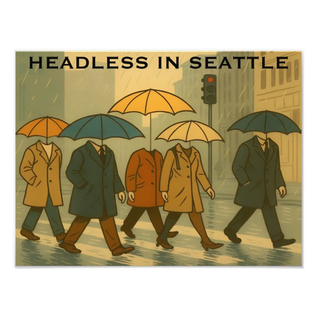 Rainy City Walkers with Umbrella Heads Seattle Art Fototryck (Framsidan)