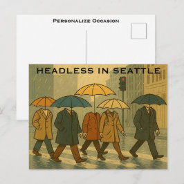 Rainy City Walkers with Umbrella Heads Seattle Art Helg Vykort