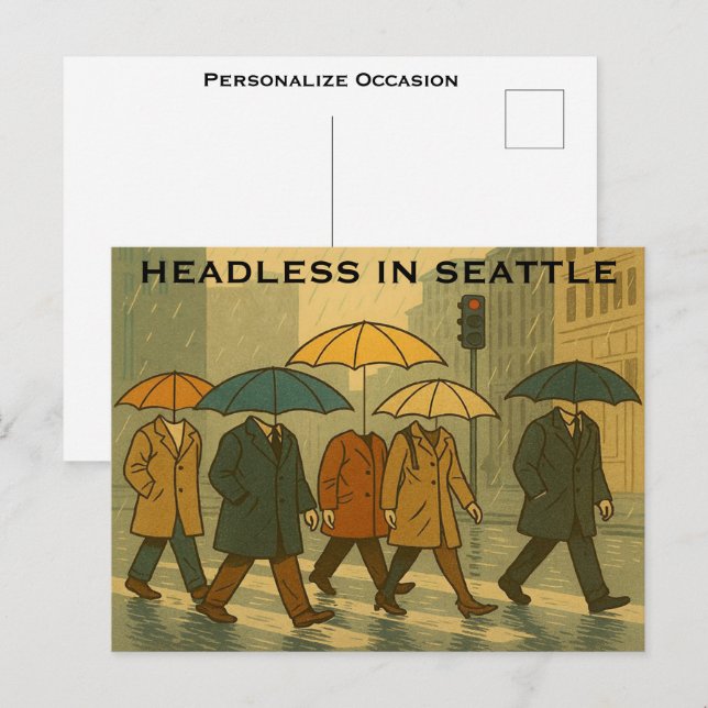 Rainy City Walkers with Umbrella Heads Seattle Art Helg Vykort (Fram/baksida)