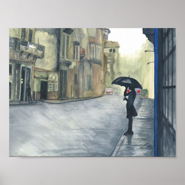 Rainy City Woman Watercolor Poster (Framsidan)