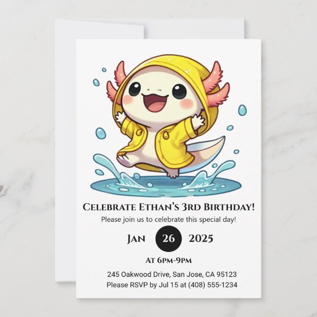 Rainy Day Axolotl Birthday Inbjudningar (Framsida)