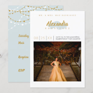 Rainy Day Blue & Guld Photo Quinceanera Inbjudningar