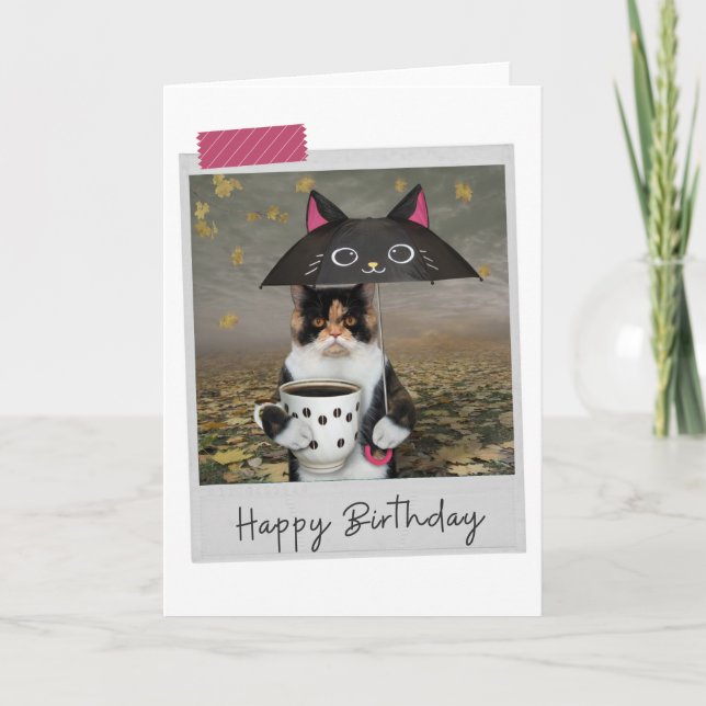 Rainy Day Calico Calico Cat Funny Birthday Card Kort (Framsida)