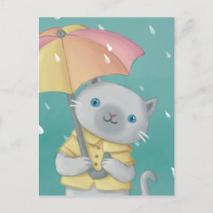 Rainy Day: Cat & Umbrella Illustration Vykort