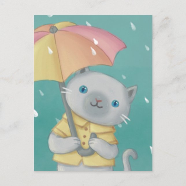 Rainy Day: Cat & Umbrella Illustration Vykort (Framsida)