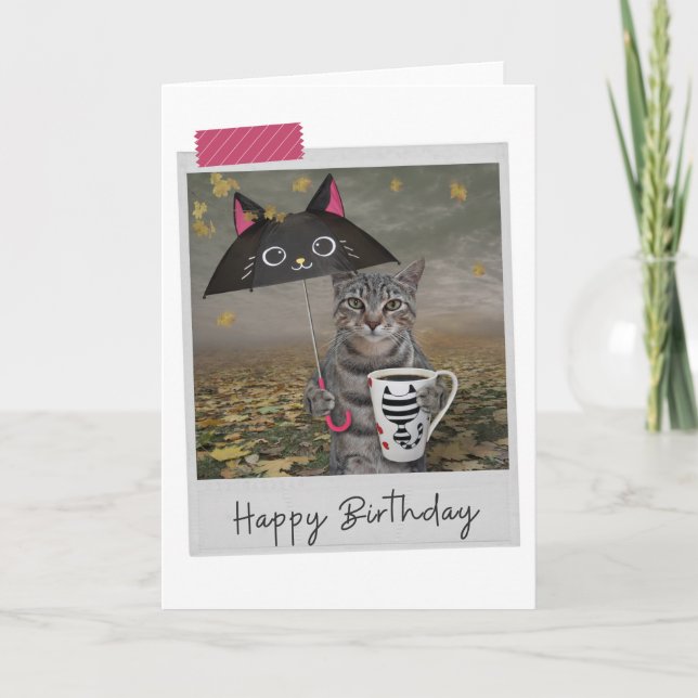 Rainy Day Coffee Tabby katt Funny Birthday Card Kort (Framsida)