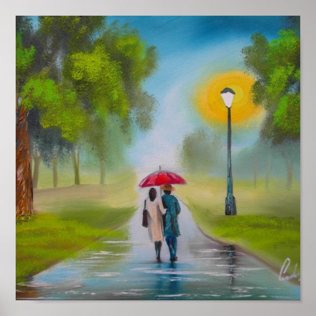 RAINY DAY COUPLE UMBRELLA PAINTING POSTER (Framsidan)