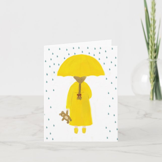 Rainy Day Girl med Nalle Note Card Kort (Framsida)