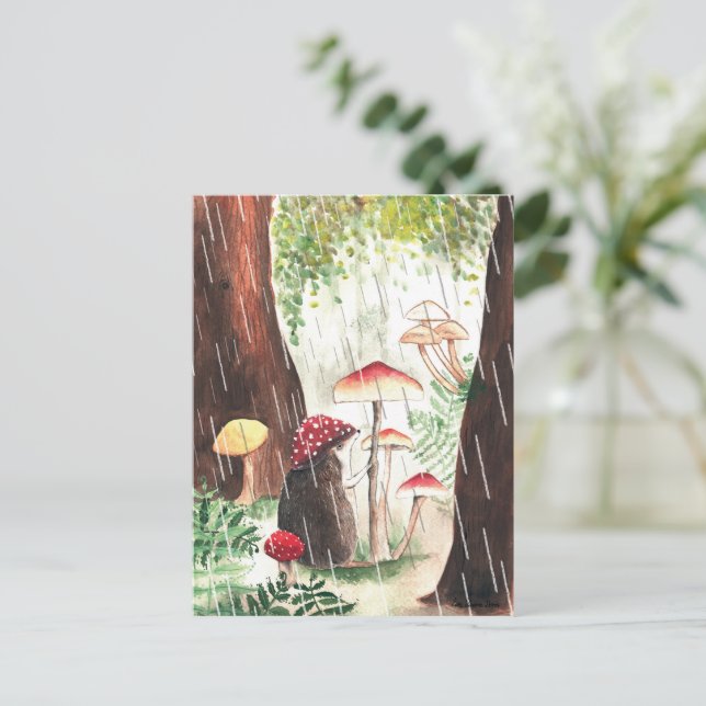 Rainy Day Hedgehog och Toadstool Illustration Cute Vykort (Stående Fram)