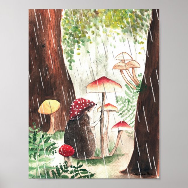 Rainy Day Hedgehog och Toadstool Illustration Poster (Framsidan)