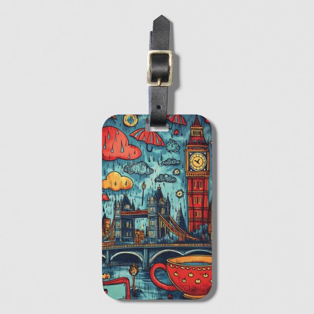 Rainy Day i London, Colorful Doodle Illustration Bagagebricka (Framsida vertikal)