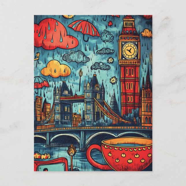 Rainy Day i London, Colorful Doodle Illustration Vykort (Framsida)
