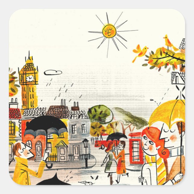 Rainy Day i London Fyrkantigt Klistermärke (Framsida)