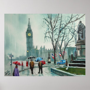 Rainy Day i London med paraplyer Poster
