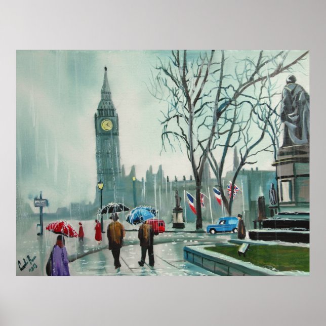 Rainy Day i London med paraplyer Poster (Framsidan)