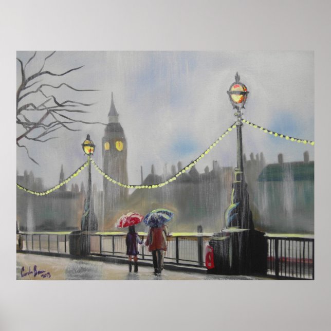 Rainy Day i London-paret med paraply Poster (Framsidan)