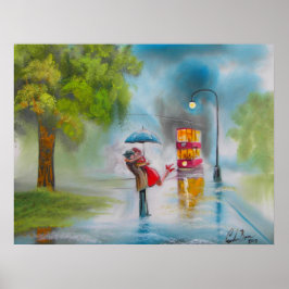RAINY DAY KISSING COUPLE TRAM UMBRELLA POSTER
