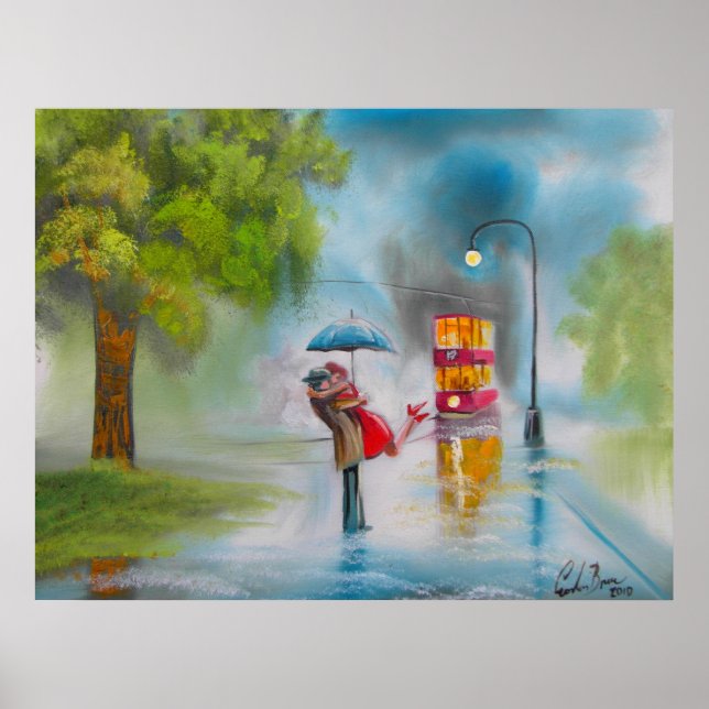 RAINY DAY KISSING COUPLE TRAM UMBRELLA POSTER (Framsidan)