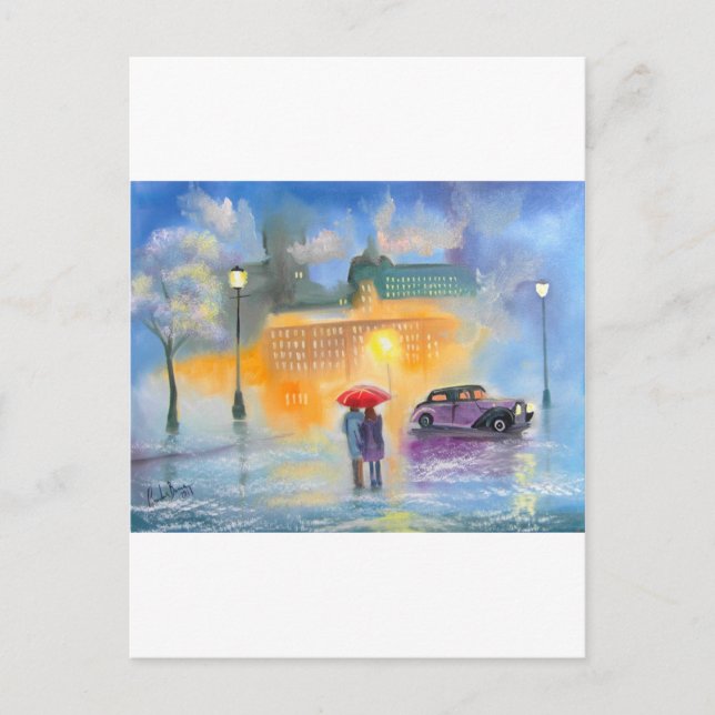 Rainy Day Red parbrella romantic-par promenera Vykort (Framsida)