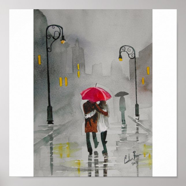 RAINY DAY RED UMBRELLA ROMANTIC COUPLE POSTER (Framsidan)